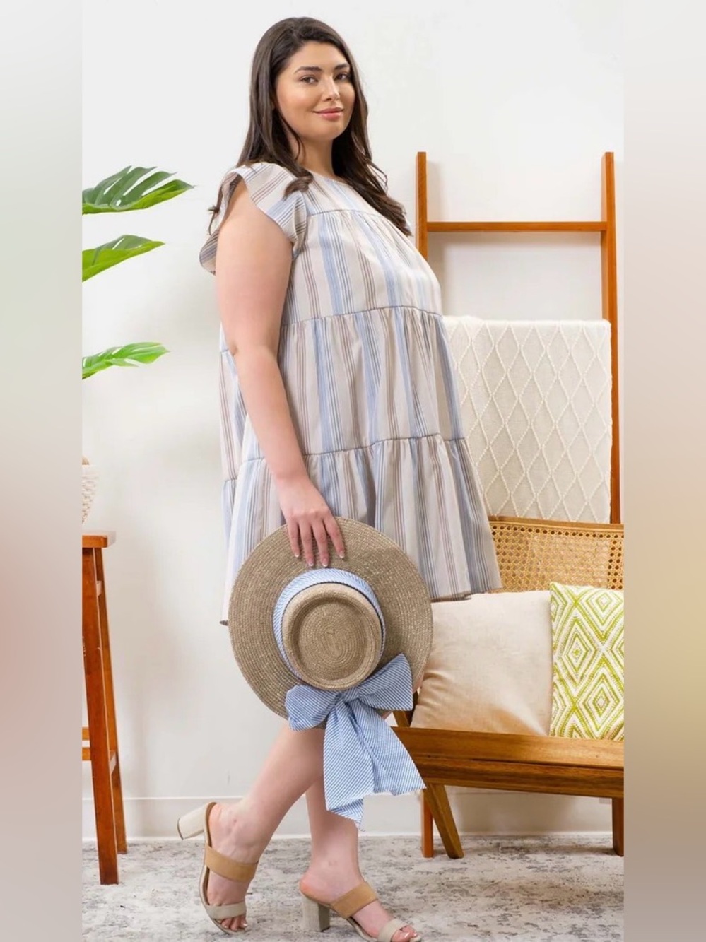 PERCH Striped Tiered Flutter Sleeve Mini Dress Blue & Taupe Flowy Babydoll Dress - Picture 3 of 16